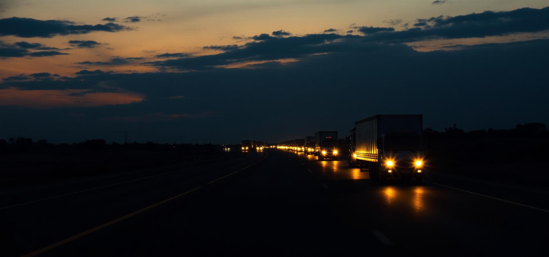 Freight trucks moving along an African highway at dusk